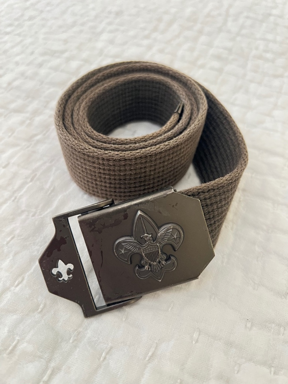 Boy Scouts Web Belt Mens Medium Olive Metal Fleur De Lis Buckle Ratchet BSA